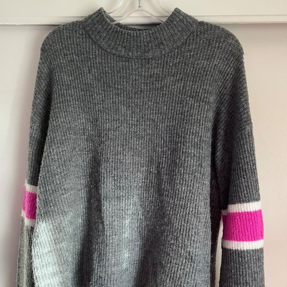 Anthropologie Gray Crewneck Sweater with Pink Sleeve Stripes - Picture 8 of 11